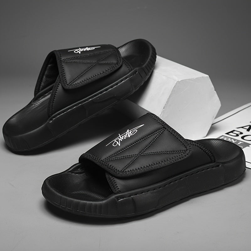 Men's Solid Color Open Toe Breathable Adjustable Hook & Loop Fastener Slippers, Comfy Non Slip Durable EVA Sole Slides, Men's Footwear